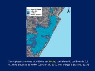 Zonas potencialmente inundáveis em Recife, considerando cenários de 0,5
e 1m de elevação do NMM (Costa et al., 2010 in Marengo & Scarano, 2017)
 