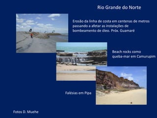 Falésias em Pipa
Beach rocks como
queba-mar em Camurupim
Erosão da linha de costa em centenas de metros
passando a afetar as instalações de
bombeamento de óleo. Próx. Guamaré
Fotos D. Muehe
Rio Grande do Norte
 