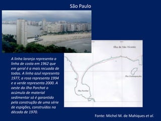 São Paulo
A linha laranja representa a
linha de costa em 1962 que
em geral é a mais recuada de
todas. A linha azul representa
1977, a rosa representa 1994
e a verde representa 2000. A
oeste da ilha Porchat o
acúmulo de material
sedimentar só é garantido
pela construção de uma série
de espigões, construídos na
década de 1970.
Fonte: Michel M. de Mahiques et al.
 