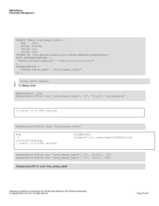 IBM Software
Information Management
Developing, publishing, and deploying your first Big Data application with InfoSphere BigInsights
© Copyright IBM Corp. 2013. All rights reserved Page 25 of 28
3.
4. In HBase shell:
0 row(s) in 0.1080 seconds
hbase(main):007:0> scan 'hive_hbase_table'
hbase(main):005:0> put 'hive_hbase_table', '1', 'f1:c2', '10'
hbase(main):006:0> put 'hive_hbase_table', '1', 'f2:c', '100'
ROW COLUMN+CELL
1 column=f1:c1, timestamp=1358288311128,
value=stringvalue
1 row(s) in 0.0380 seconds
hbase(main):004:0> scan 'hive_hbase_table'
Hbase(main)> list
hbase(main):003:0> put 'hive_hbase_table', '1', 'f1:c1', 'stringvalue'
hive> show tables;
CREATE TABLE hive_hbase_table (
key int,
value1 string,
value2 int,
value3 int)
STORED BY 'org.apache.hadoop.hive.hbase.HBaseStorageHandler'
WITH SERDEPROPERTIES (
"hbase.columns.mapping" = ":key,f1:c1,f1:c2,f2:c"
)
TBLPROPERTIES (
"hbase.table.name" = "hive_hbase_table"
); ;
 