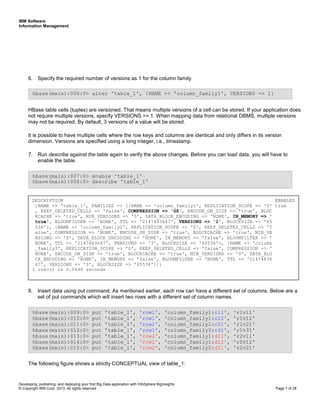 IBM Software
Information Management
Developing, publishing, and deploying your first Big Data application with InfoSphere BigInsights
© Copyright IBM Corp. 2013. All rights reserved Page 7 of 28
6. Specify the required number of versions as 1 for the column family.
HBase table cells (tuples) are versioned. That means multiple versions of a cell can be stored. If your application does
not require multiple versions, specify VERSIONS => 1. When mapping data from relational DBMS, multiple versions
may not be required. By default, 3 versions of a value will be stored.
It is possible to have multiple cells where the row keys and columns are identical and only differs in its version
dimension. Versions are specified using a long integer, i.e., timestamp.
7. Run describe against the table again to verify the above changes. Before you can load data, you will have to
enable the table.
8. Insert data using put command. As mentioned earlier, each row can have a different set of columns. Below are a
set of put commands which will insert two rows with a different set of column names.
The following figure shows a strictly CONCEPTUAL view of table_1:
hbase(main):009:0> put 'table_1', 'row1', 'column_family1:c11', 'r1v11'
hbase(main):010:0> put 'table_1', 'row1', 'column_family1:c12', 'r1v12'
hbase(main):011:0> put 'table_1', 'row1', 'column_family2:c21', 'r1v21'
hbase(main):012:0> put 'table_1', 'row1', 'column_family3:c31', 'r1v31'
hbase(main):013:0> put 'table_1', 'row2', 'column_family1:d11', 'r2v11'
hbase(main):014:0> put 'table_1', 'row2', 'column_family1:d12', 'r2v12'
hbase(main):015:0> put 'table_1', 'row2', 'column_family2:d21', 'r2v21'
hbase(main):007:0> enable 'table_1'
hbase(main):008:0> describe 'table_1'
hbase(main):006:0> alter 'table_1', {NAME => 'column_family1', VERSIONS => 1}
DESCRIPTION ENABLED
{NAME => 'table_1', FAMILIES => [{NAME => 'column_family1', REPLICATION_SCOPE => '0' true
, KEEP_DELETED_CELLS => 'false', COMPRESSION => 'GZ', ENCODE_ON_DISK => 'true', BLOC
KCACHE => 'true', MIN_VERSIONS => '0', DATA_BLOCK_ENCODING => 'NONE', IN_MEMORY => '
true', BLOOMFILTER => 'NONE', TTL => '2147483647', VERSIONS => '1', BLOCKSIZE => '65
536'}, {NAME => 'column_family2', REPLICATION_SCOPE => '0', KEEP_DELETED_CELLS => 'f
alse', COMPRESSION => 'NONE', ENCODE_ON_DISK => 'true', BLOCKCACHE => 'true', MIN_VE
RSIONS => '0', DATA_BLOCK_ENCODING => 'NONE', IN_MEMORY => 'false', BLOOMFILTER => '
NONE', TTL => '2147483647', VERSIONS => '3', BLOCKSIZE => '65536'}, {NAME => 'column
_family3', REPLICATION_SCOPE => '0', KEEP_DELETED_CELLS => 'false', COMPRESSION => '
NONE', ENCODE_ON_DISK => 'true', BLOCKCACHE => 'true', MIN_VERSIONS => '0', DATA_BLO
CK_ENCODING => 'NONE', IN_MEMORY => 'false', BLOOMFILTER => 'NONE', TTL => '21474836
47', VERSIONS => '3', BLOCKSIZE => '65536'}]}
1 row(s) in 0.0640 seconds
 