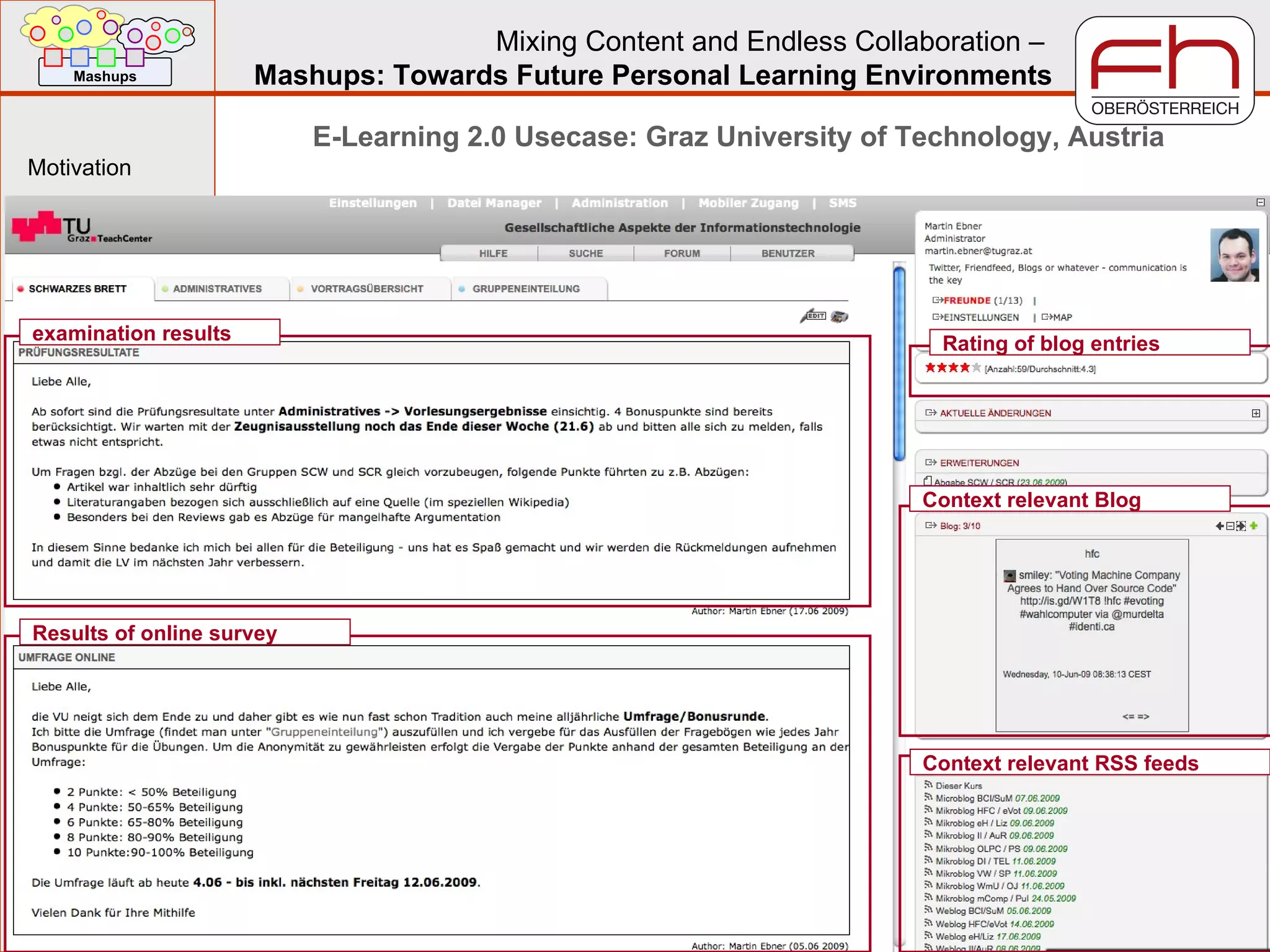E-Learning 2.0 Usecase: Graz University of Technology, Austria examination results Results of online survey Context relevant RSS feeds Context relevant Blog Rating of blog entries 