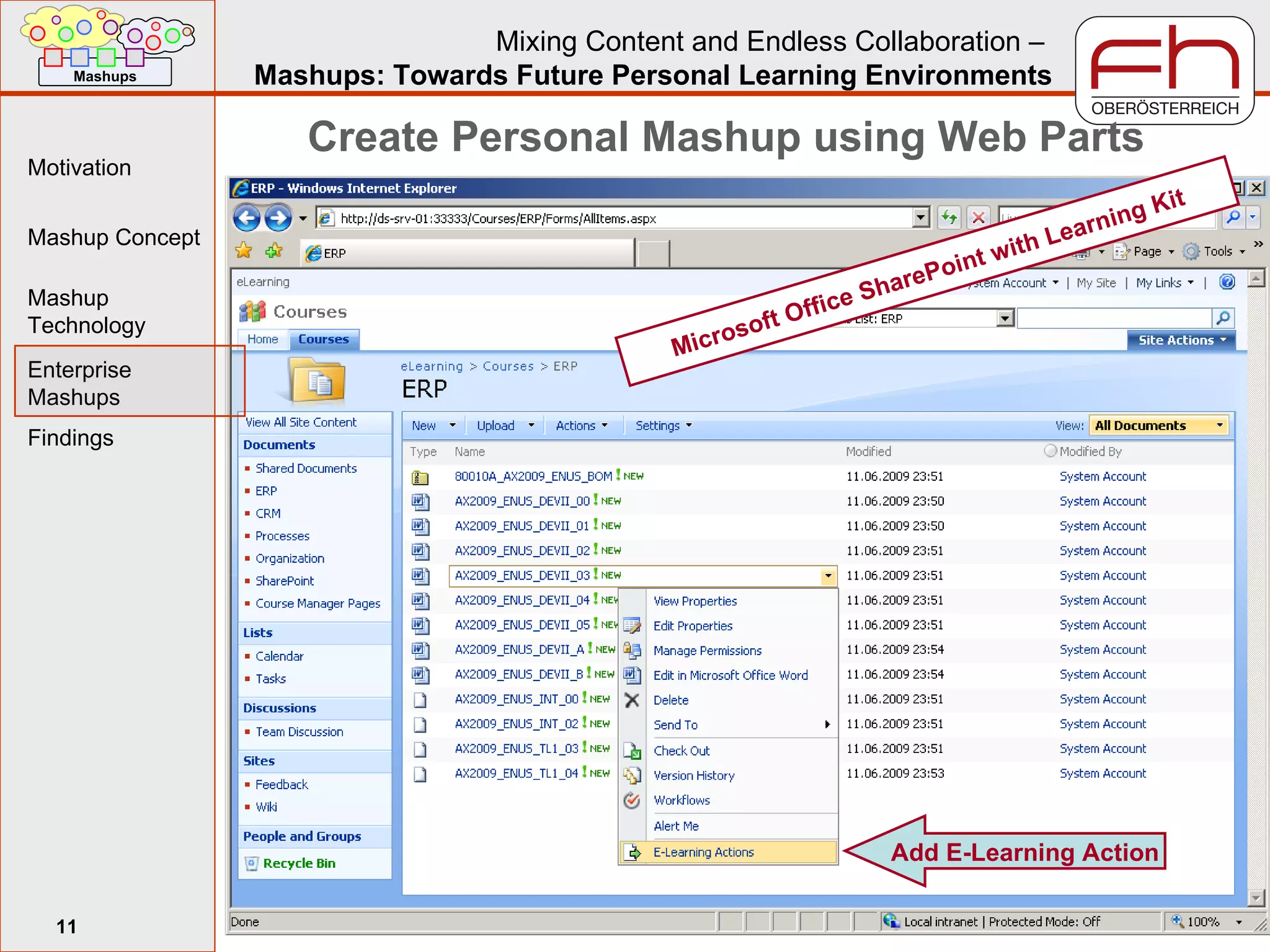 Create Personal Mashup using Web Parts Add E-Learning Action Microsoft Office SharePoint with Learning Kit 