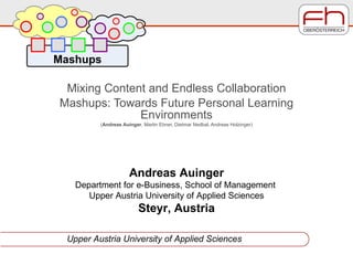 Mixing Content and Endless Collaboration Mashups: Towards Future Personal Learning Environments ( Andreas Auinger , Martin Ebner, Dietmar Nedbal, Andreas Holzinger) Andreas Auinger Department for e-Business,  School of Management  Upper Austria University of Applied Sciences Steyr, Austria 