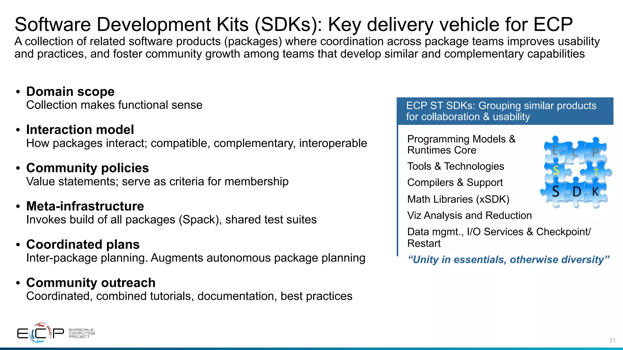 21
Software Development Kits (SDKs): Key delivery vehicle for ECP
A collection of related software products (packages) where coordination across package teams improves usability
and practices, and foster community growth among teams that develop similar and complementary capabilities
• Domain scope
Collection makes functional sense
• Interaction model
How packages interact; compatible, complementary, interoperable
• Community policies
Value statements; serve as criteria for membership
• Meta-infrastructure
Invokes build of all packages (Spack), shared test suites
• Coordinated plans
Inter-package planning. Augments autonomous package planning
• Community outreach
Coordinated, combined tutorials, documentation, best practices
ECP ST SDKs: Grouping similar products
for collaboration & usability
Programming Models &
Runtimes Core
Tools & Technologies
Compilers & Support
Math Libraries (xSDK)
Viz Analysis and Reduction
Data mgmt., I/O Services & Checkpoint/
Restart
“Unity in essentials, otherwise diversity”
 