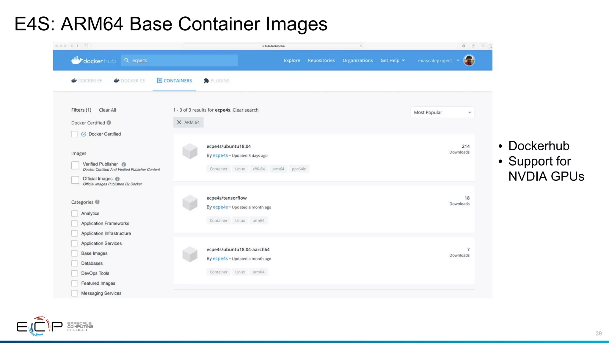39
E4S: ARM64 Base Container Images
• Dockerhub
• Support for
NVDIA GPUs
 