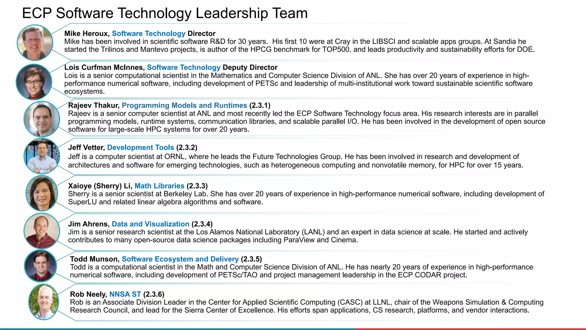 ECP Software Technology Leadership Team
Rajeev Thakur, Programming Models and Runtimes (2.3.1)
Rajeev is a senior computer scientist at ANL and most recently led the ECP Software Technology focus area. His research interests are in parallel
programming models, runtime systems, communication libraries, and scalable parallel I/O. He has been involved in the development of open source
software for large-scale HPC systems for over 20 years.
Jeff Vetter, Development Tools (2.3.2)
Jeff is a computer scientist at ORNL, where he leads the Future Technologies Group. He has been involved in research and development of
architectures and software for emerging technologies, such as heterogeneous computing and nonvolatile memory, for HPC for over 15 years.
Xaioye (Sherry) Li, Math Libraries (2.3.3)
Sherry is a senior scientist at Berkeley Lab. She has over 20 years of experience in high-performance numerical software, including development of
SuperLU and related linear algebra algorithms and software.
Jim Ahrens, Data and Visualization (2.3.4)
Jim is a senior research scientist at the Los Alamos National Laboratory (LANL) and an expert in data science at scale. He started and actively
contributes to many open-source data science packages including ParaView and Cinema.
Mike Heroux, Software Technology Director
Mike has been involved in scientific software R&D for 30 years. His first 10 were at Cray in the LIBSCI and scalable apps groups. At Sandia he
started the Trilinos and Mantevo projects, is author of the HPCG benchmark for TOP500, and leads productivity and sustainability efforts for DOE.
Lois Curfman McInnes, Software Technology Deputy Director
Lois is a senior computational scientist in the Mathematics and Computer Science Division of ANL. She has over 20 years of experience in high-
performance numerical software, including development of PETSc and leadership of multi-institutional work toward sustainable scientific software
ecosystems.
Rob Neely, NNSA ST (2.3.6)
Rob is an Associate Division Leader in the Center for Applied Scientific Computing (CASC) at LLNL, chair of the Weapons Simulation & Computing
Research Council, and lead for the Sierra Center of Excellence. His efforts span applications, CS research, platforms, and vendor interactions.
Todd Munson, Software Ecosystem and Delivery (2.3.5)
Todd is a computational scientist in the Math and Computer Science Division of ANL. He has nearly 20 years of experience in high-performance
numerical software, including development of PETSc/TAO and project management leadership in the ECP CODAR project.
 