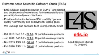 12
Extreme-scale Scientific Software Stack (E4S)
• E4S: A Spack-based distribution of ECP ST and related
and dependent software tested for interoperability and
portability to multiple architectures
• Provides distinction between SDK usability / general
quality / community and deployment / testing goals
• Will leverage and enhance SDK interoperability thrust
• Oct 2018: E4S 0.1 - 24 full, 24 partial release products
• Jan 2019: E4S 0.2 - 37 full, 10 partial release products
• Nov 2019: E4S 1.0 - 50 full, 5 partial release products
• Feb 2020: E4S 1.1 - 50 full,10 partial release products
e4s.io
Lead: Sameer Shende
(U Oregon)
 