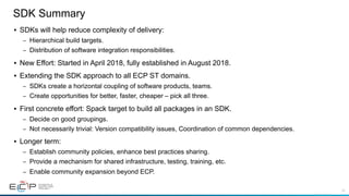 33
SDK Summary
• SDKs will help reduce complexity of delivery:
– Hierarchical build targets.
– Distribution of software integration responsibilities.
• New Effort: Started in April 2018, fully established in August 2018.
• Extending the SDK approach to all ECP ST domains.
– SDKs create a horizontal coupling of software products, teams.
– Create opportunities for better, faster, cheaper – pick all three.
• First concrete effort: Spack target to build all packages in an SDK.
– Decide on good groupings.
– Not necessarily trivial: Version compatibility issues, Coordination of common dependencies.
• Longer term:
– Establish community policies, enhance best practices sharing.
– Provide a mechanism for shared infrastructure, testing, training, etc.
– Enable community expansion beyond ECP.
 