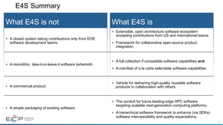 42
E4S Summary
What E4S is
• Extensible, open architecture software ecosystem
accepting contributions from US and international teams.
• Framework for collaborative open-source product
integration.
• A full collection if compatible software capabilities and
• A manifest of a la carte selectable software capabilities.
• Vehicle for delivering high-quality reusable software
products in collaboration with others.
• The conduit for future leading edge HPC software
targeting scalable next-generation computing platforms.
• A hierarchical software framework to enhance (via SDKs)
software interoperability and quality expectations.
What E4S is not
• A closed system taking contributions only from DOE
software development teams.
• A monolithic, take-it-or-leave-it software behemoth.
• A commercial product.
• A simple packaging of existing software.
 