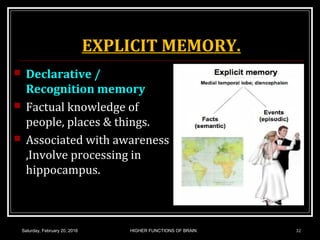 EXPLICIT MEMORY.
 Declarative /
Recognition memory
 Factual knowledge of
people, places & things.
 Associated with awareness
,Involve processing in
hippocampus.
Saturday, February 20, 2016 HIGHER FUNCTIONS OF BRAIN. 32
 