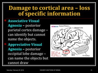 Damage to cortical area – loss
of specific information
 Associative Visual
Agnosia – posterior
parietal cortex damage –
can identify but cannot
name the objects.
 Appreciative Visual
Agnosia – posterior
occipital lobe damage –
can name the objects but
cannot draw
Saturday, February 20, 2016 HIGHER FUNCTIONS OF BRAIN. 35
 
