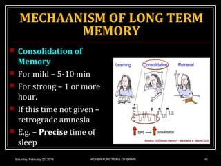 MECHAANISM OF LONG TERM
MEMORY
 Consolidation of
Memory
 For mild – 5-10 min
 For strong – 1 or more
hour.
 If this time not given –
retrograde amnesia
 E.g. – Precise time of
sleep
Saturday, February 20, 2016 HIGHER FUNCTIONS OF BRAIN. 45
 