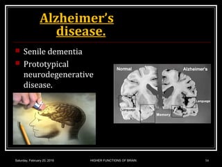 Alzheimer’s
disease.
 Senile dementia
 Prototypical
neurodegenerative
disease.
Saturday, February 20, 2016 HIGHER FUNCTIONS OF BRAIN. 54
 
