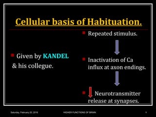 Cellular basis of Habituation.
 Given by KANDEL
& his collegue.
 Repeated stimulus.
 Inactivation of Ca
influx at axon endings.
 Neurotransmitter
release at synapses.
Saturday, February 20, 2016 HIGHER FUNCTIONS OF BRAIN. 9
 