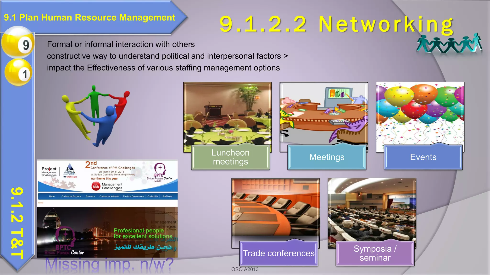 Formal or informal interaction with others
constructive way to understand political and interpersonal factors >
impact the Effectiveness of various staffing management options
Luncheon
meetings
Meetings Events
Trade conferences
Symposia /
seminar
9.1.2.2 Networking9.1 Plan Human Resource Management
9.1.2T&T
OSO A2013
 