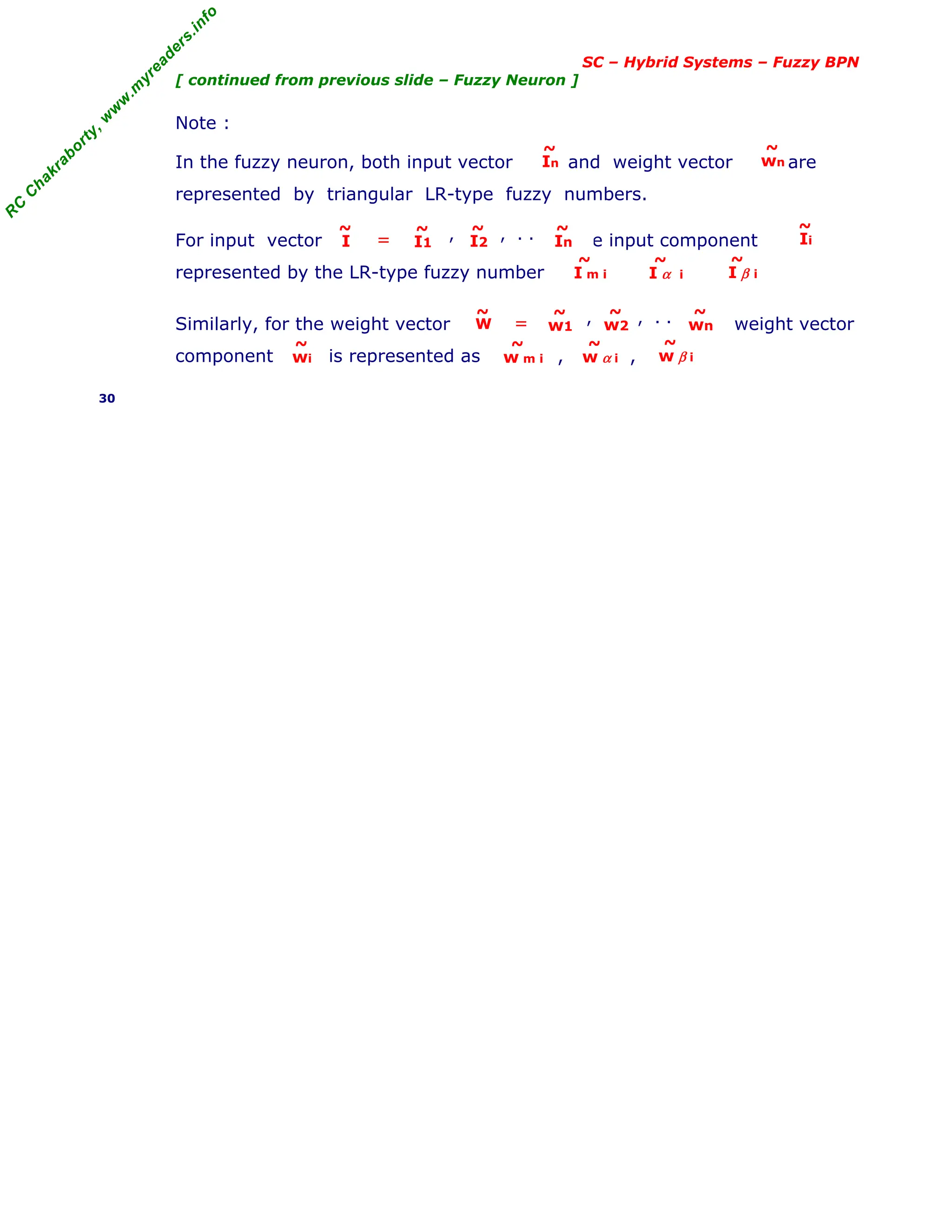 R
C
C
h
a
k
r
a
b
o
r
t
y
,
w
w
w
.
m
y
r
e
a
d
e
r
s
.
i
n
f
o
SC – Hybrid Systems – Fuzzy BPN
[ continued from previous slide – Fuzzy Neuron ]
Note :
In the fuzzy neuron, both input vector and weight vector are
represented by triangular LR-type fuzzy numbers.
For input vector the input component is
represented by the LR-type fuzzy number , , .
Similarly, for the weight vector the weight vector
component is represented as , , .
30
In
~
wn
~
, , , . .
I
~
In
~
I2
~
I1
~
= Ii
~
I m i
~
I α i
~
I β i
~
, , , . .
W
~
wn
~
w2
~
w1
~
=
wi
~
w m i
~
w α i
~
w β i
~
 