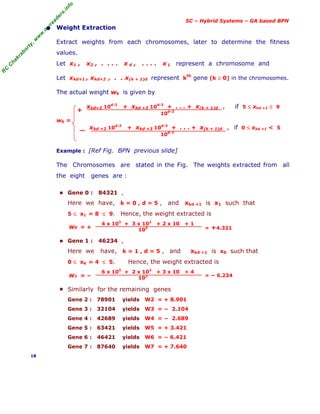 R
C
C
h
a
k
r
a
b
o
r
t
y
,
w
w
w
.
m
y
r
e
a
d
e
r
s
.
i
n
f
o
SC – Hybrid Systems – GA based BPN
• Weight Extraction
Extract weights from each chromosomes, later to determine the fitness
values.
Let x1 , x2 , . . . . x d , . . . . x L represent a chromosome and
Let xkd+1 , xkd+2 , . . x(k + 1)d represent k
th
gene (k ≥ 0) in the chromosomes.
The actual weight wk is given by
xkd+2 10d-2
+ xkd +3 10d-3
+ . . . + x(k + 1)d , if 5 ≤ xkd +1 ≤ 9
10d-2
wk =
xkd +2 10d-2
+ xkd +3 10d-3
+ . . . + x(k + 1)d , if 0 ≤ xkd +1 < 5
10d-2
Example : [Ref Fig. BPN previous slide]
The Chromosomes are stated in the Fig. The weights extracted from all
the eight genes are :
■ Gene 0 : 84321 ,
Here we have, k = 0 , d = 5 , and xkd +1 is x1 such that
5 ≤ x1 = 8 ≤ 9. Hence, the weight extracted is
4 x 103
+ 3 x 102
+ 2 x 10 + 1
103
■ Gene 1 : 46234 ,
Here we have, k = 1 , d = 5 , and xkd +1 is x6 such that
0 ≤ x6 = 4 ≤ 5. Hence, the weight extracted is
6 x 103
+ 2 x 102
+ 3 x 10 + 4
103
■ Similarly for the remaining genes
Gene 2 : 78901 yields W2 = + 8.901
Gene 3 : 32104 yields W3 = − 2.104
Gene 4 : 42689 yields W4 = − 2.689
Gene 5 : 63421 yields W5 = + 3.421
Gene 6 : 46421 yields W6 = − 6.421
Gene 7 : 87640 yields W7 = + 7.640
18
+
W0 = + = +4.321
W1 = − = − 6.234
 