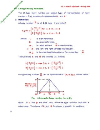 R
C
C
h
a
k
r
a
b
o
r
t
y
,
w
w
w
.
m
y
r
e
a
d
e
r
s
.
i
n
f
o
SC – Hybrid Systems – Fuzzy BPN
3.1 LR-type Fuzzy Numbers
The LR-type fuzzy number are special type of representation of fuzzy
numbers. They introduce functions called L and R.
• Definition
A fuzzy member is of L-R type if and only if
where L is a left reference
R is a right reference,
m , is called mean of is a real number,
α , β are left and right spreads respectively.
µ is the membership function of fuzzy member
The functions L and R are defined as follows:
LR-type fuzzy number can be represented as (m, α, β) LR shown below.
1
Member ship
deg
00 α m, β x
Fig. A triangular fuzzy number (m, α, β).
Note : If α and β are both zero, then L-R type function indicates a
crisp value. The choice of L and R functions is specific to problem.
27
L for x ≤ m , α > 0
=
R for x ≤ m , β > 0
µ (x)
M
~
m – x
α
m – x
β
L = max ( 0 , 1 - )
R = max ( 0 , 1 - )
m – x
α
m – x
α
m – x
α
m – x
α
µ (x)
M
~
M
~
M
~
M
~
M
~
M
~
 