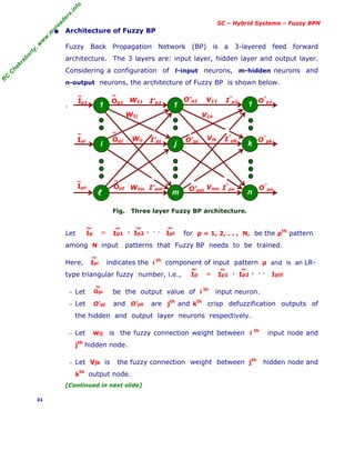 R
C
C
h
a
k
r
a
b
o
r
t
y
,
w
w
w
.
m
y
r
e
a
d
e
r
s
.
i
n
f
o
SC – Hybrid Systems – Fuzzy BPN
• Architecture of Fuzzy BP
Fuzzy Back Propagation Network (BP) is a 3-layered feed forward
architecture. The 3 layers are: input layer, hidden layer and output layer.
Considering a configuration of ℓ-input neurons, m-hidden neurons and
n-output neurons, the architecture of Fuzzy BP is shown below.
.
Fig. Three layer Fuzzy BP architecture.
Let , for p = 1, 2, . . , N, be the pth
pattern
among N input patterns that Fuzzy BP needs to be trained.
Here, indicates the i th
component of input pattern p and is an LR-
type triangular fuzzy number, i.e.,
− Let be the output value of i
th
input neuron.
− Let O'pj and O'pk are jth
and kth
crisp defuzzification outputs of
the hidden and output layer neurons respectively.
− Let Wij is the fuzzy connection weight between i th
input node and
j
th
hidden node.
− Let Vjk is the fuzzy connection weight between j
th
hidden node and
k
th
output node.
[Continued in next slide]
31
, , , . .
Ip
~
Ipℓ
~
Ip2
~
Ip1
~
=
1
1 1
i j k
ℓ n
m
I"
p1
Op1
Ip1 V11
I'p1
O'p1 O"
p1
W11
I"
pk
Opj
Ipi I'pj O'pj O"
pk
I"
pn
Opℓ O'pm
I'pm
Ipℓ O"
pn
Wij Vjk
V1k
W1j
Wℓm Vmn
~
~
~
~
~
~
Ipi
~
~
, , , . .
Ip
~
Ipβℓ
Ip2
~
Ip1
~
=
Opi
~
 