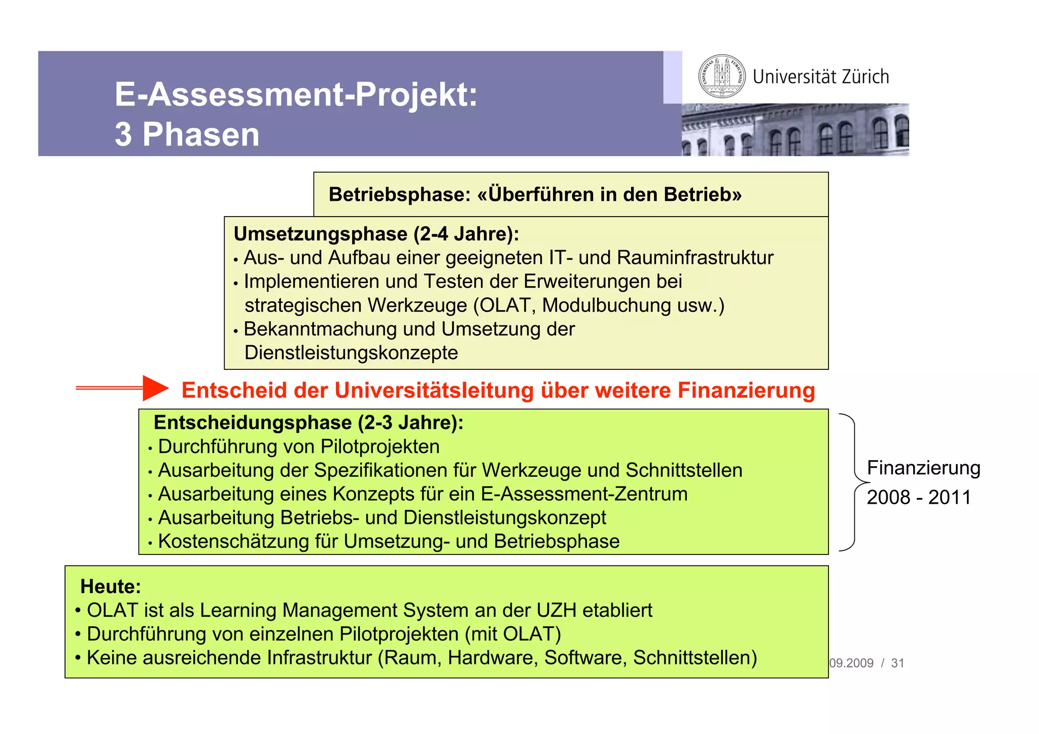E-Assessment-Projekt:
    3 Phasen
                               Betriebsphase: «Überführen in den Betrieb»
                   Umsetzungsphase (2-4 Jahre):
                   • Aus- und Aufbau einer geeigneten IT- und Rauminfrastruktur
                   • Implementieren und Testen der Erweiterungen bei
                     strategischen Werkzeuge (OLAT, Modulbuchung usw.)
                   • Bekanntmachung und Umsetzung der
                     Dienstleistungskonzepte
             Entscheid der Universitätsleitung über weitere Finanzierung
          Entscheidungsphase (2-3 Jahre):
         • Durchführung von Pilotprojekten
         • Ausarbeitung der Spezifikationen für Werkzeuge und Schnittstellen                   Finanzierung
         • Ausarbeitung eines Konzepts für ein E-Assessment-Zentrum                            2008 - 2011
         • Ausarbeitung Betriebs- und Dienstleistungskonzept
         • Kostenschätzung für Umsetzung- und Betriebsphase


 Heute:
• OLAT ist als Learning Management System an der UZH etabliert
• Durchführung von einzelnen Pilotprojekten (mit OLAT)
• Keine eLearning Community Infrastruktur (Raum, Hardware, Software, Schnittstellen)
     IBH: ausreichende Treffen                                                         03.09.2009 / 31
 