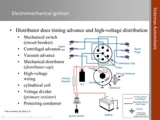 4 de novembro de 2016 | 21
SistemasAutomóveis
Electromechanical ignition
• Distributor does timing advance and high-voltage distribution
• Mechanical switch
(circuit breaker)
• Centrifugal advance
• Vacuum advance
• Mechanical distributor
(distributor cap)
• High-voltage
wiring
• cylindrical coil
• Voltage divider
(primary resistor)
• Protecting condenser
…http://www.carparts.com/classroom/ignition.htm
 