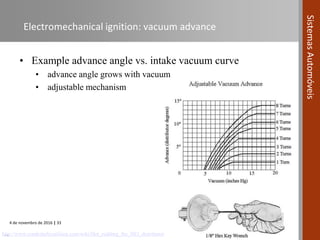 4 de novembro de 2016 | 33
SistemasAutomóveis
Electromechanical ignition: vacuum advance
• Example advance angle vs. intake vacuum curve
• advance angle grows with vacuum
• adjustable mechanism
…http://www.crankshaftcoalition.com/wiki/Hot_rodding_the_HEI_distributor
 