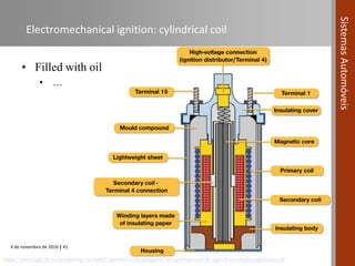 4 de novembro de 2016 | 41
SistemasAutomóveis
Electromechanical ignition: cylindrical coil
https://www.ngk.de/en/technology-in-detail/ignition-coils/design-of-an-ignition-coil/design-of-a-cylinder-ignition-coil/
• Filled with oil
• …
 