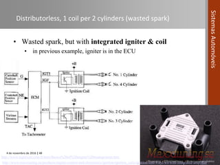 4 de novembro de 2016 | 48
SistemasAutomóveis
Distributorless, 1 coil per 2 cylinders (wasted spark)
• Wasted spark, but with integrated igniter & coil
• in previous example, igniter is in the ECU
http://www.maxxtuning.eu/products/engine-control-and-electronics/ignition/ignition_coils/ignition-coil-4-cyl-ws-with-integrated-amplifier
http://www.teglerizer.com/fi/bem/Basics%20of%20engine%20management.htm
 