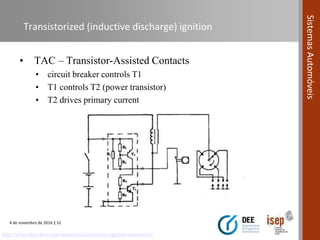4 de novembro de 2016 | 52
SistemasAutomóveis
Transistorized (inductive discharge) ignition
• TAC – Transistor-Assisted Contacts
• circuit breaker controls T1
• T1 controls T2 (power transistor)
• T2 drives primary current
http://what-when-how.com/automobile/electronic-ignition-automobile/
 