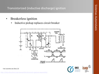 4 de novembro de 2016 | 53
SistemasAutomóveis
Transistorized (inductive discharge) ignition
• Breakerless ignition
• Inductive pickup replaces circuit breaker
http://what-when-how.com/automobile/electronic-ignition-automobile/
 