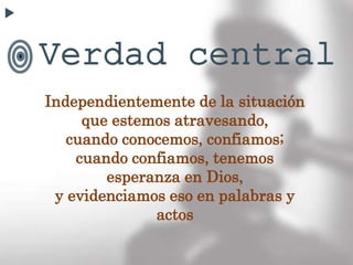 Verdad central
Independientemente de la situación
que estemos atravesando,
cuando conocemos, confiamos;
cuando confiamos, tenemos
esperanza en Dios,
y evidenciamos eso en palabras y
actos
 
