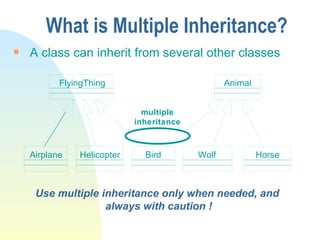 What is Multiple Inheritance? A class can inherit from several other classes Use multiple inheritance only when needed, and  always with caution ! Airplane Helicopter Wolf Horse FlyingThing Animal Bird multiple inheritance 