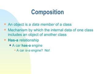 Composition An object is a  data member  of a class Mechanism by which the internal data of one class includes an object of another class Has-a  relationship A car  has-a  engine A car  is-a  engine?  No! 