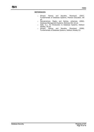 F0004
Database Security *Property of STI
Page 10 of 10
REFERENCES:
o Elmasri, Ramez and Navathe, Shamkant, (2007),
Fundamentals of Database Systems, Pearson Education, 4th
ed.
o Ramakrishnan, Raghu and Gehrke, Johannes, (2002),
Database Management Systems, McGraw-Hill, 3rd ed.
o Date, C.J., An Introduction to Database Systems, Addison
Wesley, 7th ed.
o Elmasri, Ramez and Navathe, Shamkant, (2006),
Fundamentals of Database Systems, Addison Wesley Co.
 