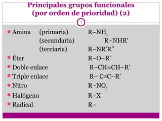 Principales grupos funcionales
          (por orden de prioridad) (2)
                           7

Amina      (primaria)         R–NH2
            (secundaria)           R–NHR’
            (terciaria)        R–NR’R’’
Éter                          R–O–R’
Doble enlace                  R–CH=CH–R’
Triple enlace                 R– C≡C–R’
Nitro                         R–NO2
Halógeno                      R–X
Radical                       R–
 