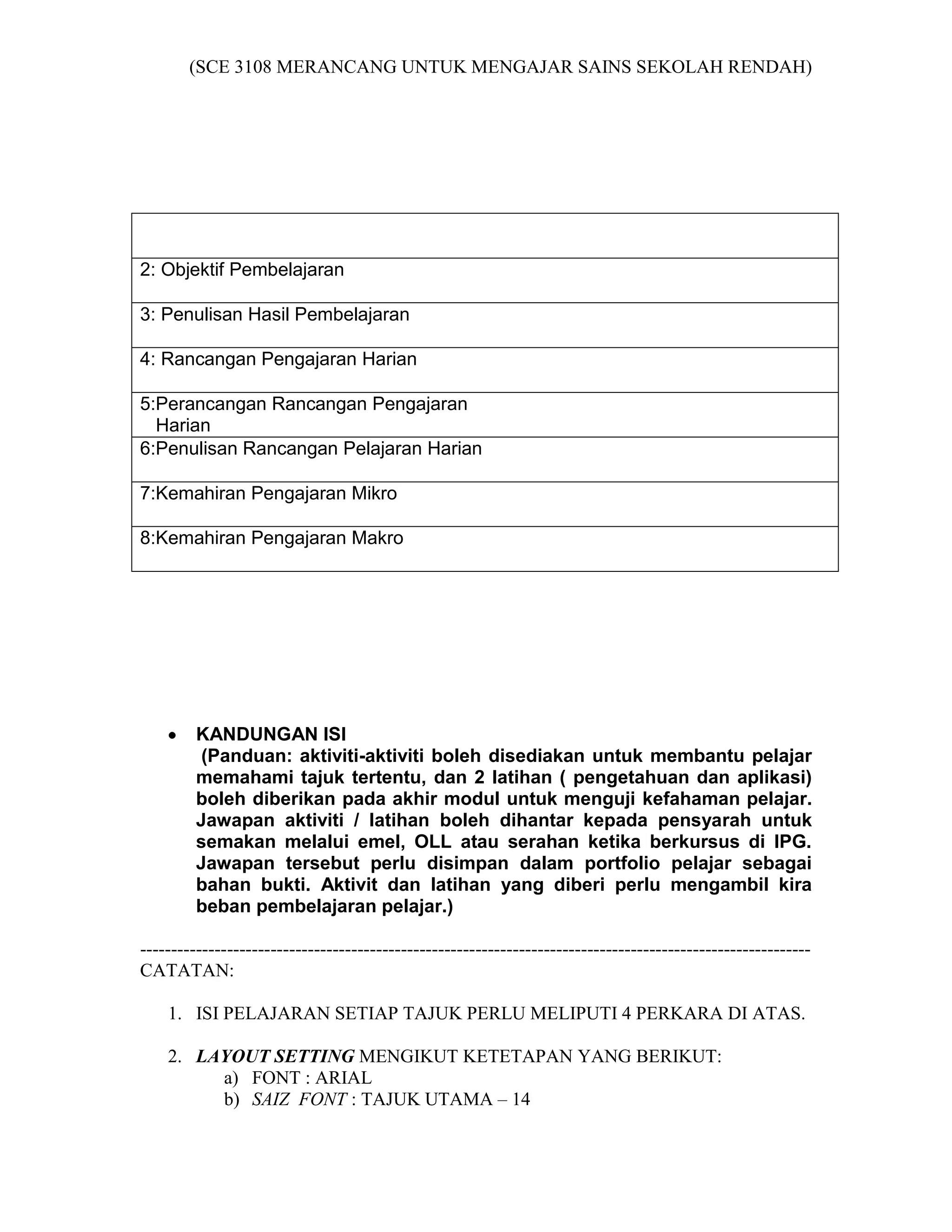 (SCE 3108 MERANCANG UNTUK MENGAJAR SAINS SEKOLAH RENDAH)




2: Objektif Pembelajaran

3: Penulisan Hasil Pembelajaran

4: Rancangan Pengajaran Harian

5:Perancangan Rancangan Pengajaran
  Harian
6:Penulisan Rancangan Pelajaran Harian

7:Kemahiran Pengajaran Mikro

8:Kemahiran Pengajaran Makro




         KANDUNGAN ISI
          (Panduan: aktiviti-aktiviti boleh disediakan untuk membantu pelajar
         memahami tajuk tertentu, dan 2 latihan ( pengetahuan dan aplikasi)
         boleh diberikan pada akhir modul untuk menguji kefahaman pelajar.
         Jawapan aktiviti / latihan boleh dihantar kepada pensyarah untuk
         semakan melalui emel, OLL atau serahan ketika berkursus di IPG.
         Jawapan tersebut perlu disimpan dalam portfolio pelajar sebagai
         bahan bukti. Aktivit dan latihan yang diberi perlu mengambil kira
         beban pembelajaran pelajar.)

------------------------------------------------------------------------------------------------------------
CATATAN:

    1. ISI PELAJARAN SETIAP TAJUK PERLU MELIPUTI 4 PERKARA DI ATAS.

    2. LAYOUT SETTING MENGIKUT KETETAPAN YANG BERIKUT:
         a) FONT : ARIAL
         b) SAIZ FONT : TAJUK UTAMA – 14
 