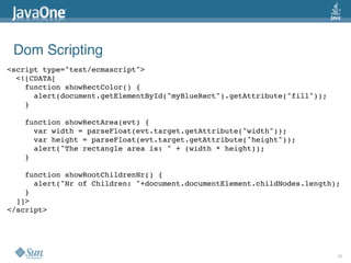Dom Scripting
<script type=quot;text/ecmascriptquot;>
  <![CDATA[
    function showRectColor() {
      alert(document.getE...