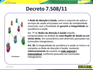 Decreto 7.508/11
             A Rede de Atenção à Saúde, como o conjunto de ações e
             serviços de saúde articulados em níveis de complexidade
             crescente, com a finalidade de garantir a integralidade da
             assistência à saúde
             Art. 7º As Redes de Atenção à Saúde estarão
             compreendidas no âmbito de uma Região de Saúde ou em
             várias delas, em consonância com diretrizes pactuadas nas
             Comissões Intergestores.
             Art. 20. A integralidade da assistência à saúde se inicia e se
             completa na Rede de Atenção à Saúde, mediante
             referenciamento do usuário na rede regional e
             interestadual, conforme pactuado nas Comissões
             Intergestores


11/07/2012                                                             13
 