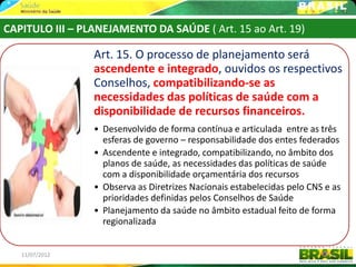 CAPITULO III – PLANEJAMENTO DA SAÚDE ( Art. 15 ao Art. 19)

                 Art. 15. O processo de planejamento será
                 ascendente e integrado, ouvidos os respectivos
                 Conselhos, compatibilizando-se as
                 necessidades das políticas de saúde com a
                 disponibilidade de recursos financeiros.
                 • Desenvolvido de forma contínua e articulada entre as três
                   esferas de governo – responsabilidade dos entes federados
                 • Ascendente e integrado, compatibilizando, no âmbito dos
                   planos de saúde, as necessidades das políticas de saúde
                   com a disponibilidade orçamentária dos recursos
                 • Observa as Diretrizes Nacionais estabelecidas pelo CNS e as
                   prioridades definidas pelos Conselhos de Saúde
                 • Planejamento da saúde no âmbito estadual feito de forma
                   regionalizada


   11/07/2012                                                              20
 