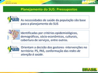 Planejamento do SUS: Pressupostos

As necessidades de saúde da população são base
para o planejamento do SUS

Identificadas por critérios epidemiológicos,
demográficos, sócio-econômicos, culturais,
cobertura de serviços, entre outros.

Orientam a decisão dos gestores -intervenções no
território: PS, PAS, conformação das redes de
atenção à saúde.
 