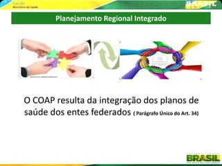 Planejamento Regional Integrado


PLANEJAMENTO                      CONTRATO
   REGIONAL                     ORGANIZATIVO
  INTEGRADO                    DA AÇÃO PÚBLICA

O COAP resulta da integração dos planos de
saúde dos entes federados ( Parágrafo Único do Art. 34)
 