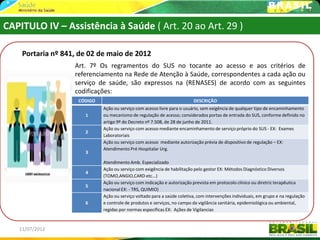CAPITULO IV – Assistência à Saúde ( Art. 20 ao Art. 29 )

    Portaria nº 841, de 02 de maio de 2012
                   Art. 7º Os regramentos do SUS no tocante ao acesso e aos critérios de
                   referenciamento na Rede de Atenção à Saúde, correspondentes a cada ação ou
                   serviço de saúde, são expressos na (RENASES) de acordo com as seguintes
                   codificações:
                    CÓDIGO                                               DESCRIÇÃO
                             Ação ou serviço com acesso livre para o usuário, sem exigência de qualquer tipo de encaminhamento
                      1      ou mecanismo de regulação de acesso; considerados portas de entrada do SUS, conforme definido no
                             artigo 9º do Decreto nº 7.508, de 28 de junho de 2011.
                             Ação ou serviço com acesso mediante encaminhamento de serviço próprio do SUS - EX: Exames
                      2
                             Laboratoriais
                             Ação ou serviço com acesso mediante autorização prévia de dispositivo de regulação – EX:
                             Atendimento Pré Hospitalar Urg.
                      3

                             Atendimento Amb. Especializado
                             Ação ou serviço com exigência de habilitação pelo gestor EX: Métodos Diagnóstico Diversos
                      4
                             (TOMO,ANGIO,CARD etc...)
                             Ação ou serviço com indicação e autorização prevista em protocolo clínico ou diretriz terapêutica
                      5
                             nacional EX: - TRS, QUIMIO)
                             Ação ou serviço voltado para a saúde coletiva, com intervenções individuais, em grupo e na regulação
                      6      e controle de produtos e serviços, no campo da vigilância sanitária, epidemiológica ou ambiental,
                             regidas por normas específicas EX: Ações de Vigilancias


   11/07/2012                                                                                                               50
 