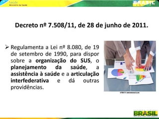 Decreto nº 7.508/11, de 28 de junho de 2011.


 Regulamenta a Lei nº 8.080, de 19
  de setembro de 1990, para dispor
  sobre a organização do SUS, o
  planejamento da saúde, a
  assistência à saúde e a articulação
  interfederativa e dá outras
  providências.
 