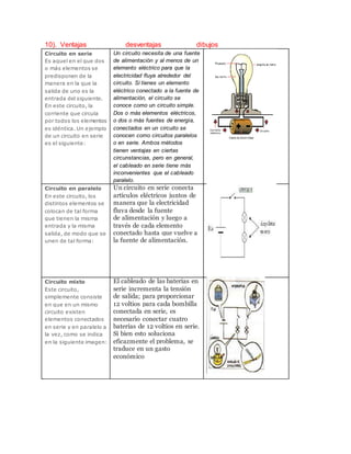 10). Ventajas desventajas dibujos
 Circuito en serie
Es aquel en el que dos
o más elementos se
predisponen de la
manera en la que la
salida de uno es la
entrada del siguiente.
En este circuito, la
corriente que circula
por todos los elementos
es idéntica. Un ejemplo
de un circuito en serie
es el siguiente:
Un circuito necesita de una fuente
de alimentación y al menos de un
elemento eléctrico para que la
electricidad fluya alrededor del
circuito. Si tienes un elemento
eléctrico conectado a la fuente de
alimentación, el circuito se
conoce como un circuito simple.
Dos o más elementos eléctricos,
o dos o más fuentes de energía,
conectados en un circuito se
conocen como circuitos paralelos
o en serie. Ambos métodos
tienen ventajas en ciertas
circunstancias, pero en general,
el cableado en serie tiene más
inconvenientes que el cableado
paralelo.
 Circuito en paralelo
En este circuito, los
distintos elementos se
colocan de tal forma
que tienen la misma
entrada y la misma
salida, de modo que se
unen de tal forma:
Un circuito en serie conecta
artículos eléctricos juntos de
manera que la electricidad
fluya desde la fuente
de alimentación y luego a
través de cada elemento
conectado hasta que vuelve a
la fuente de alimentación.
 Circuito mixto
Este circuito,
simplemente consiste
en que en un mismo
circuito existen
elementos conectados
en serie y en paralelo a
la vez, como se indica
en la siguiente imagen:
El cableado de las baterías en
serie incrementa la tensión
de salida; para proporcionar
12 voltios para cada bombilla
conectada en serie, es
necesario conectar cuatro
baterías de 12 voltios en serie.
Si bien esto soluciona
eficazmente el problema, se
traduce en un gasto
económico
 