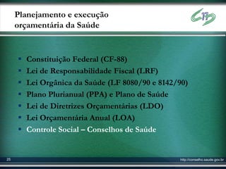 Planejamento e execução
     orçamentária da Saúde


        Constituição Federal (CF-88)
        Lei de Responsabilidade Fiscal (LRF)
        Lei Orgânica da Saúde (LF 8080/90 e 8142/90)
        Plano Plurianual (PPA) e Plano de Saúde
        Lei de Diretrizes Orçamentárias (LDO)
        Lei Orçamentária Anual (LOA)
        Controle Social – Conselhos de Saúde


25                                                http://conselho.saude.gov.br
 