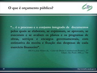 O que é orçamento público?




      “... é o processo e o conjunto integrado de documentos
      pelos quais se elaboram, se expressam, se aprovam, se
      executam e se avaliam os planos e os programas de
      obras, serviços e encargos governamentais, com
      estimativa da receita e fixação das despesas de cada
      exercício financeiro”.
                  (SILVA, José Afonso da, - Curso de Direito Constitucional Positivo. 27ª
                                                        Edição. São Paulo: 2006, p. 738)




28                                                                          http://conselho.saude.gov.br
 