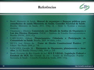 Referências


        Brasil. Ministério da Saúde. Manual de orçamento e finanças públicas para
         conselheiros de saúde/Ministério da Saúde. Conselho Nacional de Saúde.
         Brasília: Ministério da Saúde, 2011. 102p.: iI. – (Série A. Normas e manuais
         técnicos)
        Orçamento e Direitos: Construindo um Método de Análise do Orçamento à
         Luz dos Direitos Humanos. INESC – Instituto de Estudos Sócioeconômicos.
         Brasília: INESC, 2010. 47p.
        CARVALHO, Gilson. Financiamento, Cidadania e Participação da
         Comunidade na Saúde. Brasília. 2009. 84 slides, color.
        SILVA, José Afonso da, - Curso de Direito Constitucional Positivo. 27ª
         Edição. São Paulo: 2006, p. 738.
        SANCHES, Osvaldo M. - Dicionário de Orçamento, planejamento e áreas
         afins. 2a Ed. Brasília: Prisma/OMS, 2004, p. 234.
        Brasil. Governo do Rio Grande de Sul. SUS É LEGAL. Legislação Federal e
         Estadual do SUS. Rio Grande do Sul – Estado da Participação Popular -
         Secretaria de Saúde – Conselho Estadual de Saúde, 2000. 151p.


54                                                                        http://conselho.saude.gov.br
 