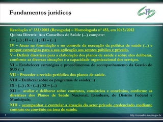 Fundamentos jurídicos

    Resolução nº 333/2003 (Revogada) – Homologada nª 453, em 10/5/2012
    Quinta Diretriz: Aos Conselhos de Saúde (...) compete:
    I – (...) ; II – (...) ; III – (...)
    IV – Atuar na formulação e no controle da execução da política de saúde (...) e
    propor estratégias para a sua aplicação aos setores público e privado.
    V – Definir diretrizes para a elaboração dos planos de saúde e sobre eles deliberar,
    conforme as diversas situações e a capacidade organizacional dos serviços.
    VI – Estabelecer estratégias e procedimentos de acompanhamento da Gestão do
    SUS (...)
    VII – Proceder a revisão periódica dos planos de saúde.
    VIII – Deliberar sobre os programas de saúde(...)
    IX - (...) ; X - (...) ; XI – (...)
    XII – avaliar e deliberar sobre contratos, consórcios e convênios, conforme as
    diretrizes dos Planos de Saúde Nacional, Estaduais, do Distrito Federal e
    Municipais;
    XIII - acompanhar e controlar a atuação do setor privado credenciado mediante
    contrato ou convênio na área de saúde;
7                                                                         http://conselho.saude.gov.br
 
