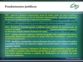 Fundamentos jurídicos

    XIV - aprovar a proposta orçamentária anual da saúde, tendo em vista as metas e
    prioridades estabelecidas na Lei de Diretrizes Orçamentárias, observado o princípio
    do processo de planejamento e orçamento ascendentes, conforme legislação vigente;
    XV - propor critérios para programação e execução financeira e orçamentária dos
    Fundos de Saúde e acompanhar a movimentação e destino dos recursos;
    XVI - fiscalizar e controlar gastos e deliberar sobre critérios de movimentação de
    recursos da Saúde, incluindo o Fundo de Saúde e os recursos transferidos e próprios
    do Município, Estado, Distrito Federal e da União, com base no que a lei disciplina;
    XVII - analisar, discutir e aprovar o relatório de gestão, com a prestação de contas e
    informações financeiras, repassadas em tempo hábil aos conselheiros, e garantia do
    devido assessoramento;
    XVIII - fiscalizar e acompanhar o desenvolvimento das ações e dos serviços de saúde e
    encaminhar denúncias aos respectivos órgãos de controle interno e externo, conforme
    legislação vigente;
    XIX - examinar propostas e denúncias de indícios de irregularidades, responder no
    seu âmbito a consultas sobre assuntos pertinentes às ações e aos serviços de saúde,
    bem como apreciar recursos a respeito de deliberações do Conselho nas suas
    respectivas instâncias;
8                                                                           http://conselho.saude.gov.br
 